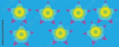 Set of colorful gradient stars on a bright blue background, vibrant star shapes with radial color transitions for festive or decorative designs