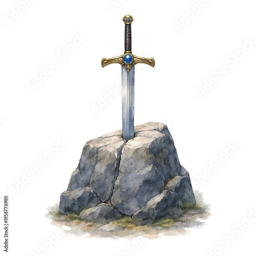 A beautiful watercolor Excalibur sword in the stone illustration featuring a legendary jeweled medieval sword embedded in a rugged rock.