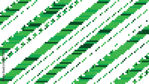 Abstract pixel art background with diagonal green and white stripes pattern