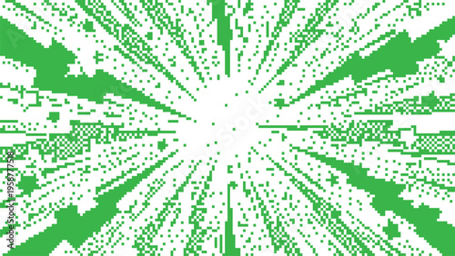 Abstract pixel art background with a bright green radial burst effect emanating from the center