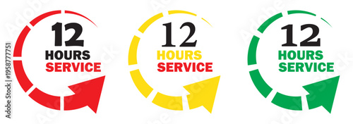 12 hours service icon vector set. 12 hours service duration sign. Vector Set of Hour Labels. 12 hours clock arrow icons, work and delivery time symbols. 12hr support sign collection.