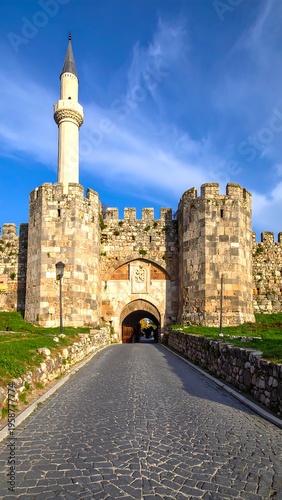 Stone gatehouse and minaret tower stand against a bright blue sky with wispy clouds