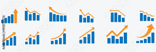 Business chart icon set showing growth and decline trends. Bar graphs with up and down arrows for analytics, statistics, financial performance, revenue increase, sales growth, profit loss. 