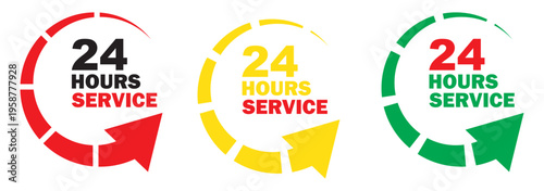 24 hour service icons, colorful circular arrows for day and night availability symbols