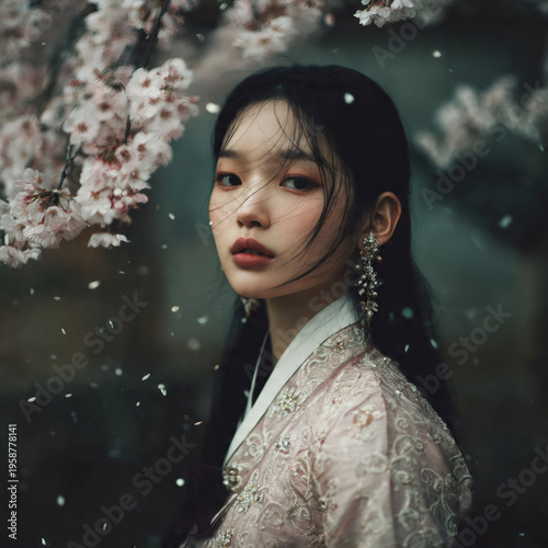 A stunning Korean beauty woman with flawless porcelain skin, delicate features, and glossy black hair cascading down her back, wearing a modernized hanbok with elegant embroidery, standing in a tradit