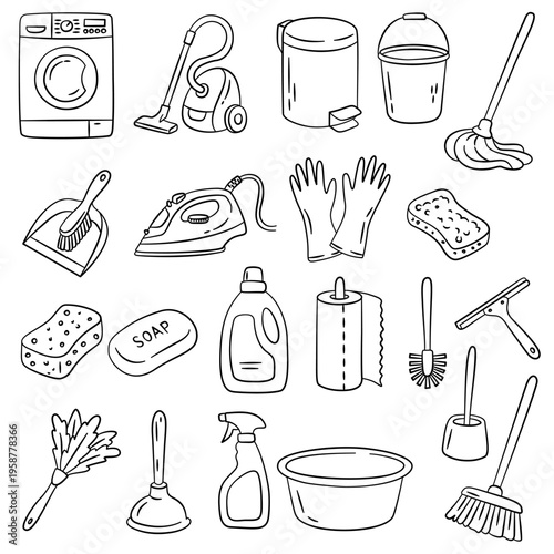 Hand drawn collection of household cleaning tools and supplies. Doodle icons set. Cleaning set in sketch style