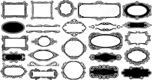 Assortment of black ornamental frames and labels with varied shapes border decorative