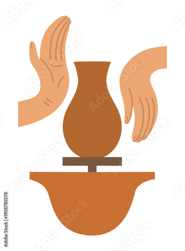 Hands and clay pot on a potters wheel, pottery studio. Color vector illustration on white background.