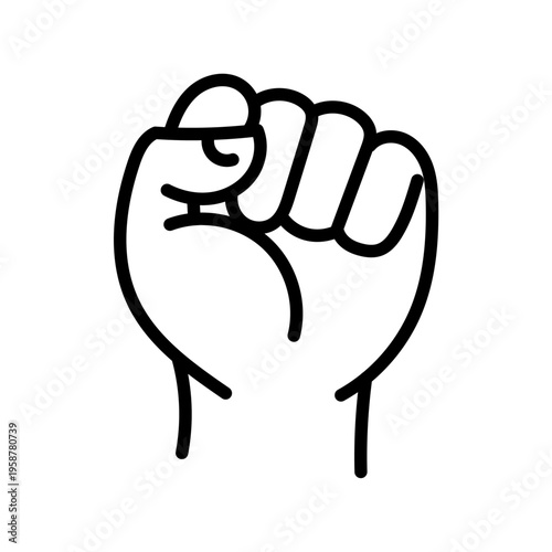Illustration vectorielle minimaliste d’un poing fermé en contour noir. Style épuré et moderne, symbole de force, protestation et détermination, idéal pour design graphique