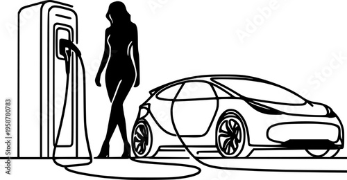 Continuous line drawing of an electric car at a charging station and a woman driver silhouette