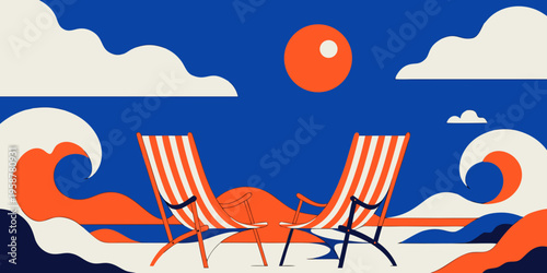 Abstract minimal summer horizontal poster, cover, banner, card with bright sea, blue sky and striped beach chairs. Summer holidays, journey, vacation travel illustration. Promo ads design template