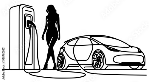Continuous line drawing of an electric car at a charging station and a woman driver silhouette