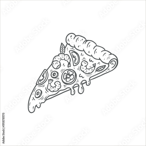 Hand drawn sketch pizza slice. Pizza with seafood and shrimp, basil leaf and melted cheese for pizzeria package and menu designs. Vector illustration