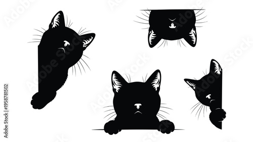 Black cat silhouettes peering over edges in a playful minimalist graphic design