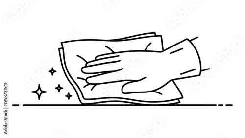 A hand wiping a surface with a cloth depicted in a simple line drawing style