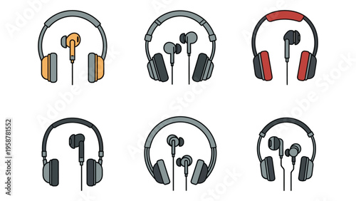 Various styles of headphones and earbuds are displayed in a clean colorful illustration