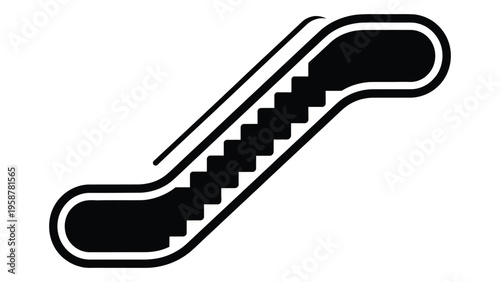 A black and white graphic illustration of an ascending escalator with a simple design
