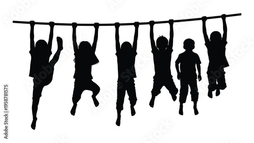 A line of children silhouetted against a white background hanging from a bar