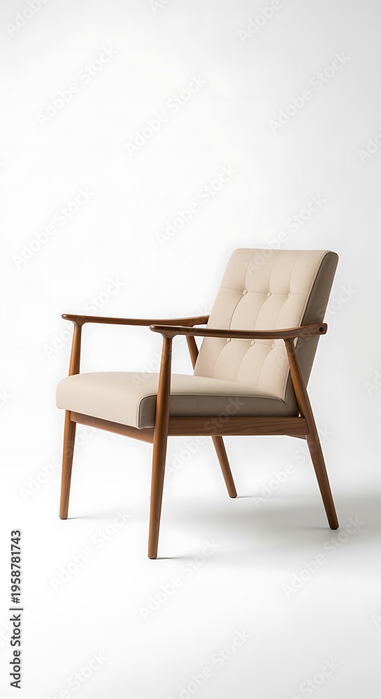 Fototapeta premium Mid century modern wooden armchair with beige cushions and tufted backrest