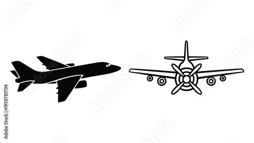 Two black silhouettes of airplanes a jet and a propeller plane are depicted