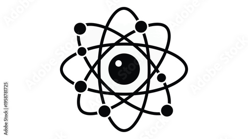 A stylized black and white illustration of an atom with an eye at its core