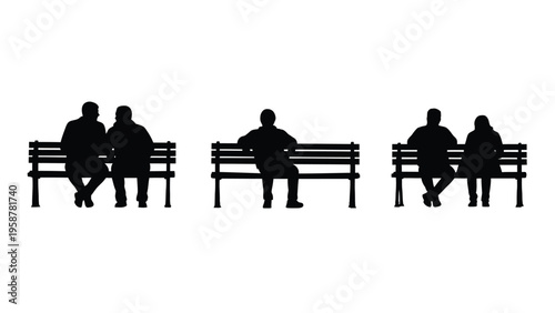 Silhouettes of people sitting on park benches against a white background