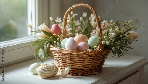Easter basket with colorful eggs and flowers by the window  