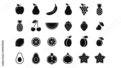Black silhouette icons depict a variety of different fruits arranged on a white background