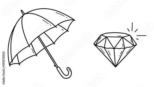 Line drawing of an umbrella and a sparkling diamond both in black and white