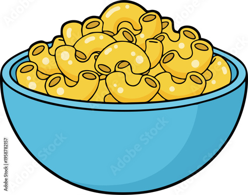 Cute Cartoon Macaroni and Cheese in Blue Bowl Illustration