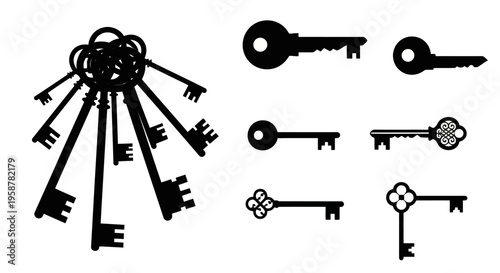 Black Key Vector Silhouettes Modern Antique and Keyring Designs Icon Set EPS10 Stock.eps