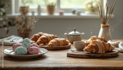 Croissants and colorful Easter eggs arranged on wooden table  