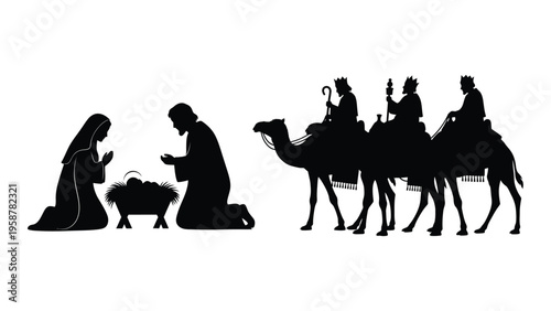 Silhouette depiction of the adoration of the magi and the holy family