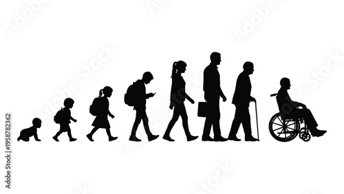 Silhouette illustration depicting the stages of human life from infancy to old age