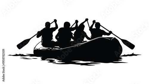 Silhouetted raft with four people paddling on water a scenic outdoor adventure