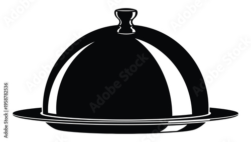 A black and white illustration of a covered serving dish on a plate