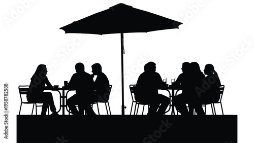 Silhouetted figures seated at a table under a parasol enjoying an outdoor meal