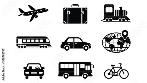 Black silhouettes depicting various modes of transportation and a world globe
