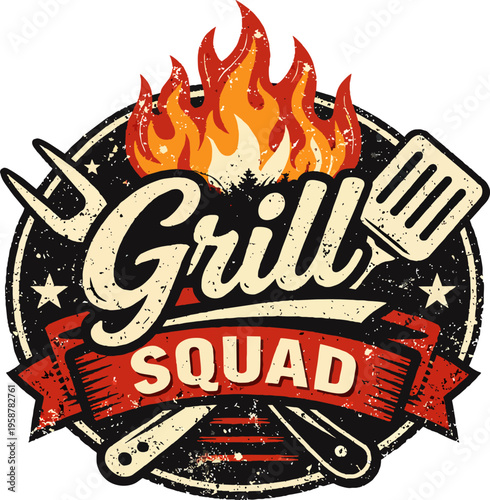Grill Squad retro badge with flames, spatula, fork and knife — vintage distressed BBQ emblem for grill masters and barbecue teams.