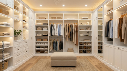 An aesthetically pleasing walk-in closet designed with ample storage space. It features elegant shelves and hanging rods, ideal for organizing attire