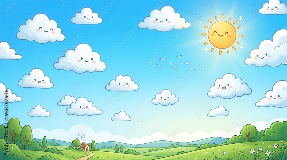 Naklejka premium Vibrant Cartoon Landscape Scene with Bright Sun and Fluffy Clouds
