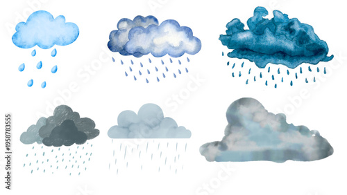 Watercolor illustrations of raining clouds, depicting diverse weather conditions from light drizzles to heavy downpours and stormy skies