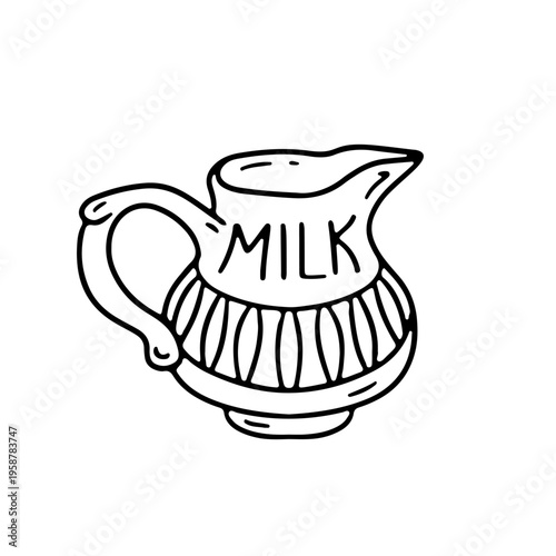 Hand drawn hygge doodle ceramic milk jug icon vector illustration. Cozy kitchen utensils clipart