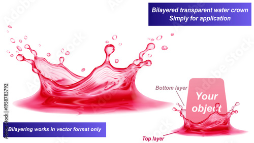 Transparent water crown in red colors with splashes and drops. It consists of two layers - front and back. You can insert any object between them, only for vector format.