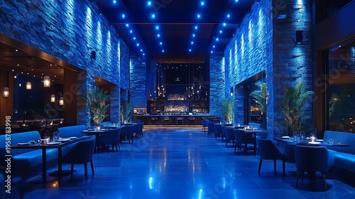 Wallpaper Mural Luxurious restaurant interior with blue lighting stone walls and modern decor empty dining area with tables and chairs ambient nighttime ambiance elegant bar in background Torontodigital.ca