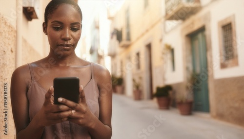 Young Black woman using smartphone on a sunny street with blurred background and copy space right