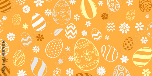 Easter background with white, yellow, and brown eggs, flowers on orange.