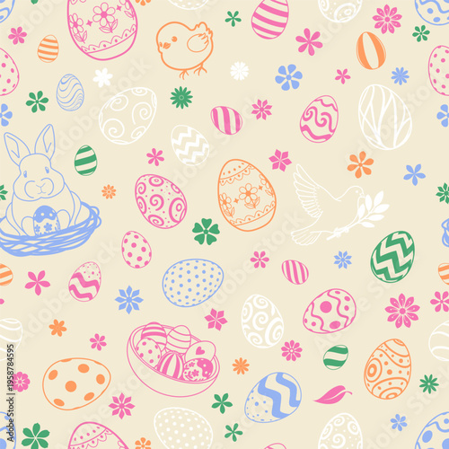 Easter seamless pattern with eggs, bunnies, chicks, flowers on cream background, colorful and playful design for holiday decor and gifts.