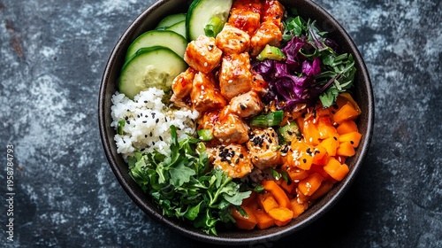 Wallpaper Mural Spicy tuna poke bowl with sushi rice cucumber carrots and greens served on a dark marble surface healthy food concept Torontodigital.ca