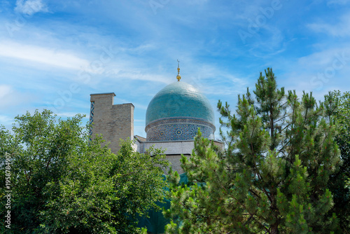 Architectural views of the Hazrati Imam Complex featuring the turquoise exterior dome and the ornate mosaic patterns on the interior ceiling, Tashkent (Toshkent), Uzbekistan (O'zbekiston)